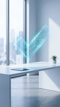 Data driven decision making with glowing digital check mark in modern office, symbolizing approval, progress and successful business planning