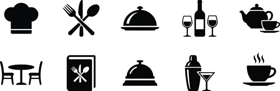 Set of hospitality and restaurant service icons representing professional dining and culinary work with chef hat culinary tools food service
