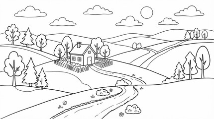 Fototapeta premium Countryside Landscape Coloring Page with House Rolling Hills Winding Road and Trees Line Art Illustration