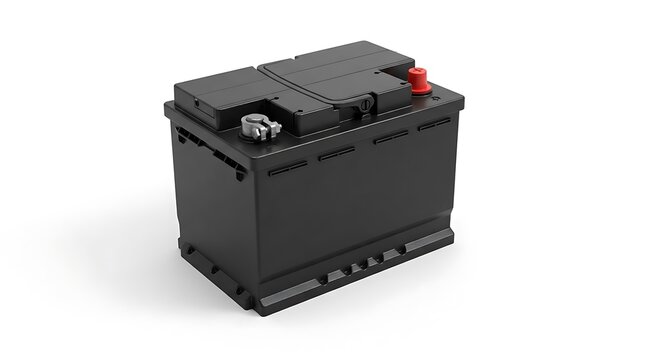 A 12 volt battery isolated on white background, modern car power accumulator closeup shot for automotive vehicle