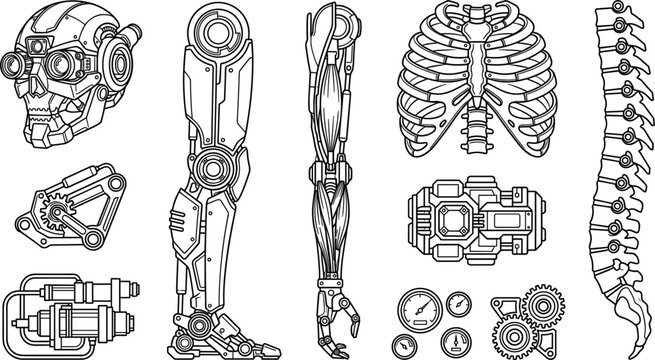 Cyborg body parts line icons set featuring robotic skull cybernetic leg mechanical arm ribcage and spine vector illustration collection isolated on white background.