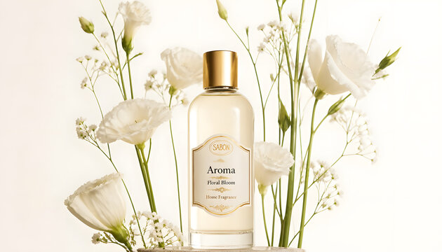 Sabon aroma floral bloom home fragrance bottle surrounded by white flowers for product marketing lifestyle branding and luxury interior scent retail promotion.