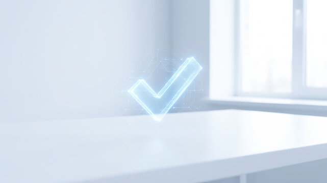 Holographic check mark above white desk near bright office window supports data driven decision making with clarity and precision