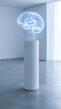 Holographic brain data driven decision making concept for artificial intelligence research in modern gallery with cool light and empty space