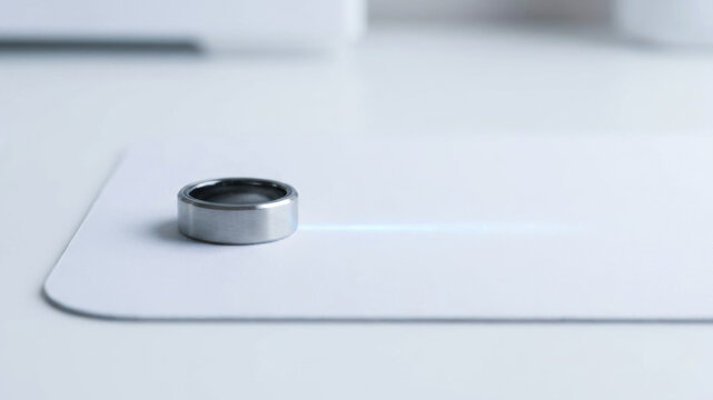 Metal ring on white surface supports data driven decision making with minimalist office styling and soft light for focused planning and analysis