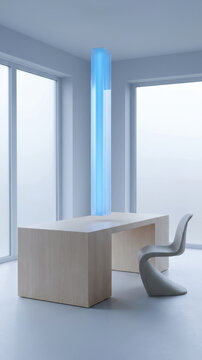 Minimalist office interior with desk chair and blue light column supporting data driven decision making in modern workspace