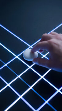 Neon grid hand touch gesture data driven decision making guides digital interaction