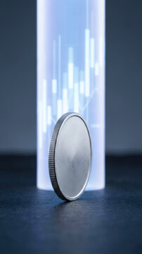 Silver coin leaning against glowing glass tube for data driven decision making concept