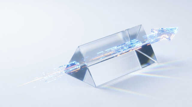 Transparent prism data visualization with glowing arrow suggesting data driven decision making and digital business strategy on clean background