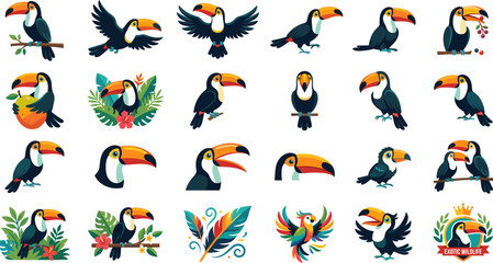 Obraz premium Colorful Toucan Bird Vector Character Set with Flying Perched and Portrait Poses Plus Tropical Foliage and Wildlife Emblem Badges
