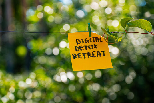 Paper note with DIGITAL DETOX RETREAT messages hangs from rope wrapped with leafy green plant. Close-up decorative composition handwritten-style messaging natural greenery against soft neutral