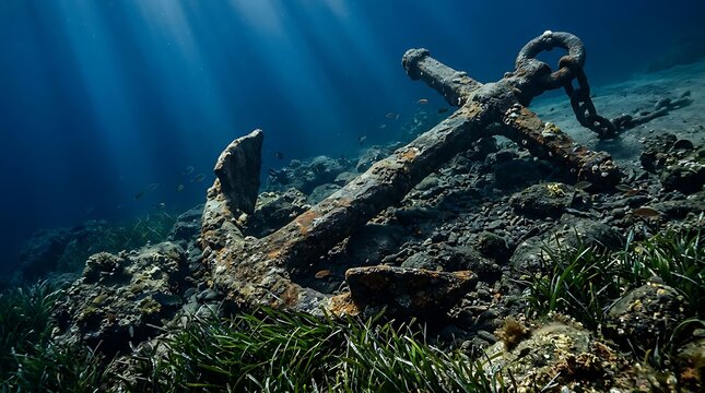 An old rusted anchor resting on the seabed underwater surrounded by rocks and marine life in the deep ocean