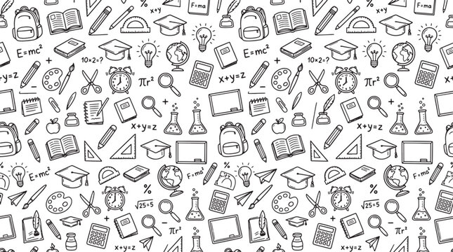 Hand drawn school supplies pattern with educational icons and mathematical formulas in a doodle sketch style