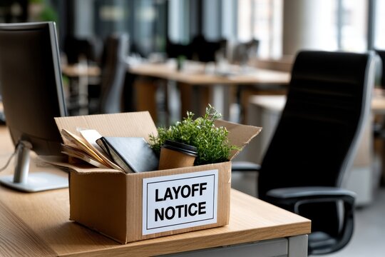 A cardboard box with personal belongings and a layoff notice label sits on an empty corporate office workstation.