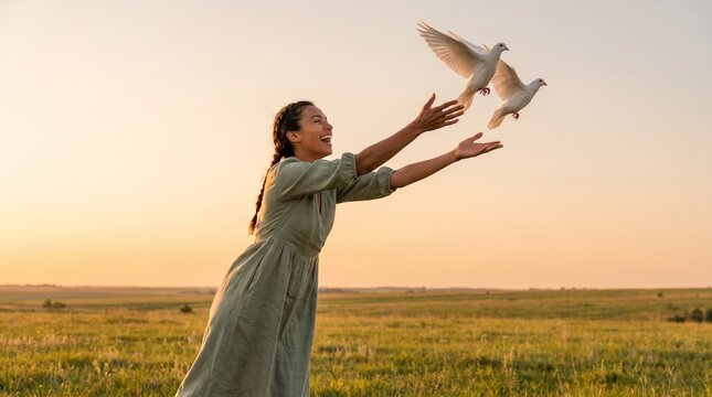 Woman releasing doves into the sky at sunset.