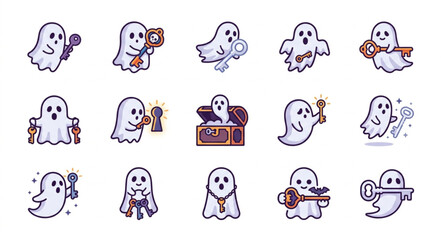 Fototapeta premium Clean Ghost Character Set with Keys Treasure Chest and Sparkles Whimsical Halloween Themed Icons