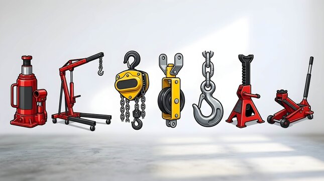 Collection of industrial lifting equipment and mechanical garage tools