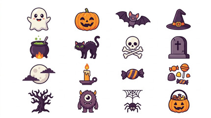 Obraz premium Clean Halloween Themed Icons Set with Ghost Pumpkin Bat Cat Cauldron and More in Bright Colors with high quality professional line art symbols for modern creative design and digital branding projects