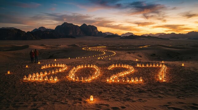 A wide panoramic view displays the bright happy new year 2027 lights over a beautiful desert landscape during the evening hours of a festive