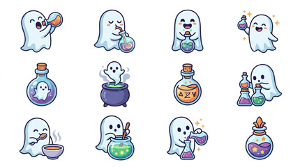 Obraz premium Clean Whimsical Cartoon Ghosts Engaged in Magical Potion Brewing with Colorful Vessels and Utensils