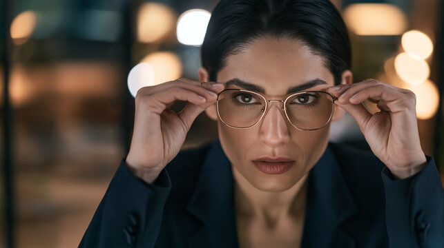 Confident young businesswoman adjusting glasses while focusing intently on computer screen in dark office