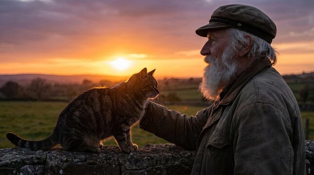 Elderly man petting tabby cat at sunset in countryside