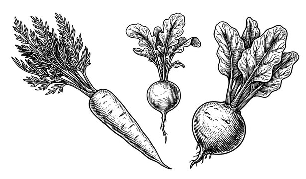 Detailed Carrot Radish Beetroot Engraving Botanical Vector Illustration
