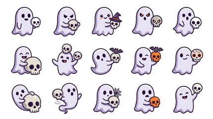 Obraz premium Corporate Collection of Whimsical Ghost Themed Icons with Skulls Jack O Lanterns and Halloween Accessories in Playful Pastel Shades