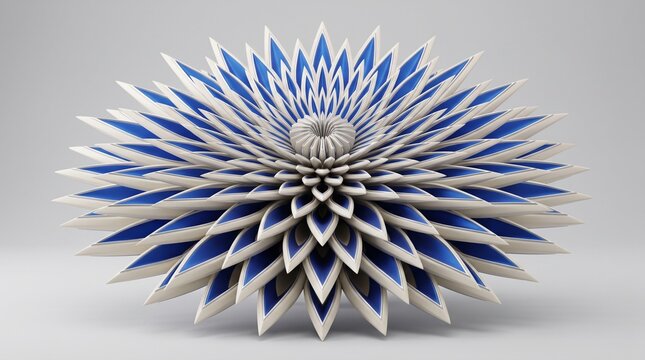 Intricate white and blue flower-like geometric object with sharp pointed petals in studio setting.