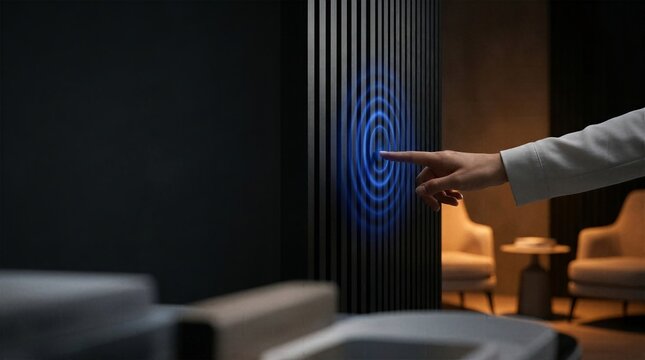 Person pressing a button on a sleek modern wall panel displaying glowing blue concentric circles representing smart home technology
