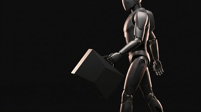 Dark humanoid robot walking and carrying sleek metallic briefcase on pure black background with dramatic rim lighting for secure confidential data transit and executive mobile custody concept