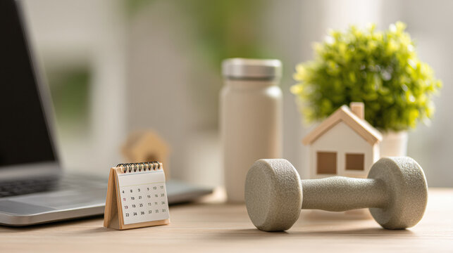 A desktop scene featuring a laptop, a small calendar, a dumbbell, a miniature house model, a water bottle, and a blurred plant in the background.