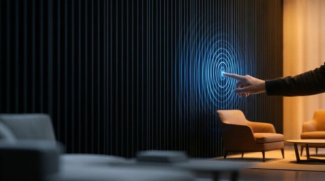Person hand interacting with a smart wall projecting glowing blue concentric circles in a modern luxury living room setting