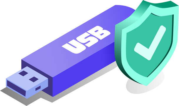 Isometric Cybersecurity and Data Protection Illustration. Isometric Digital Security and Online Protection Illustration. Isometric Secure USB Flash Drive for Data Protection  