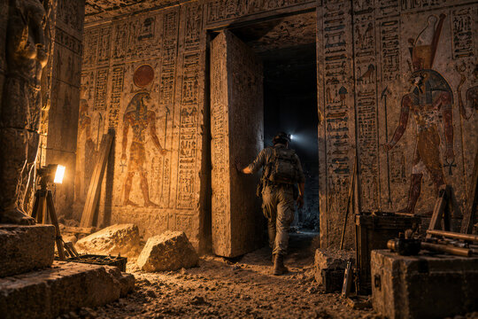 Archaeologist Exploring Ancient Egyptian Tomb with Hieroglyphic Wall Paintings