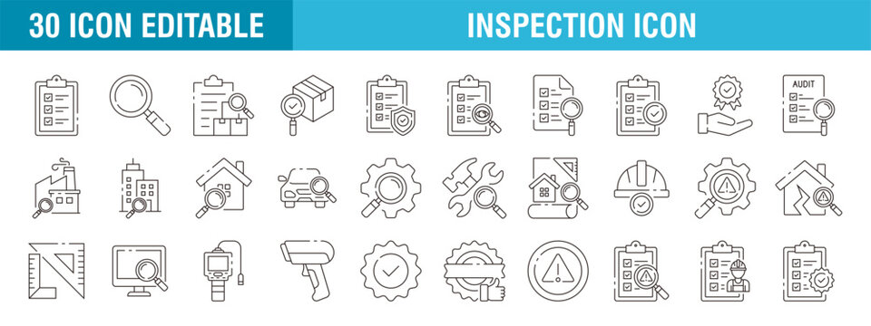 Collection of inspection icons. Checklist, quality, magnifying glass, audit. Vector template editable stroke EPS 10.