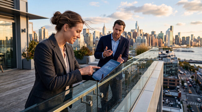Business partners discussing on a sunny terrace