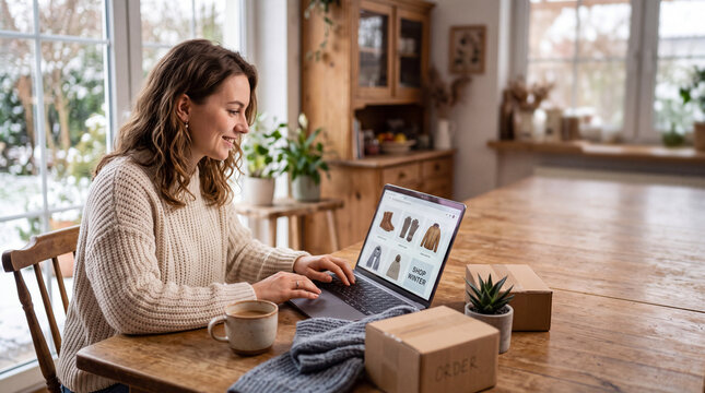 Winter online shopping on a laptop at home