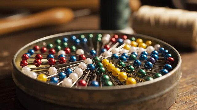 Colorful sewing pins neatly arranged in a round metal tin box on a wooden workbench background