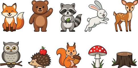 Obraz premium Cute Woodland Animal Vector Icon Set featuring Cartoon Fox Bear Raccoon Rabbit Deer Owl Hedgehog and Squirrel for Kids Nursery Designs