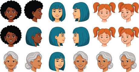 Obraz premium Diverse Women Avatar Face Vector Set featuring Diverse Ethnicities Hair Profiles Angles and Age Groups for Website User Interface UI Profile Icons