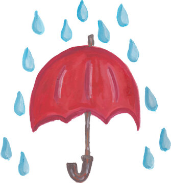 Red Umbrella in Rain Hand-Painted Illustration