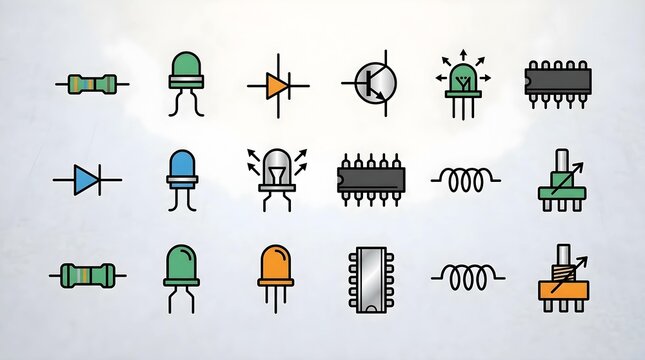 Electronic components and circuit symbols icon set vector illustration