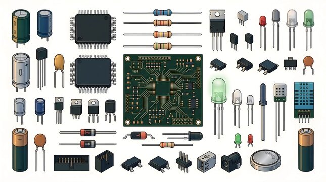Electronic components collection with central circuit board and parts