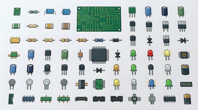electronic components collection set including resistors capacitors and microchips