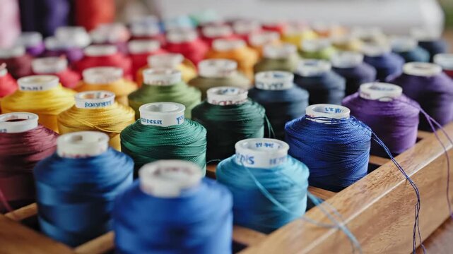 Colorful spools of sewing thread neatly organized in a wooden storage rack for crafting and embroidery