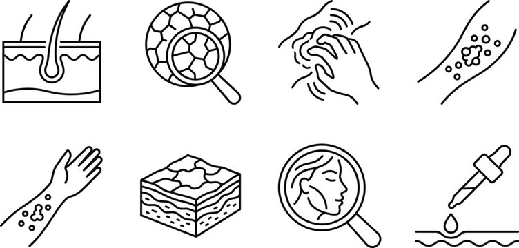 Dermatology line icon set featuring dry skin problems rash eczema psoriasis allergy dermatitis treatment and cell care vector