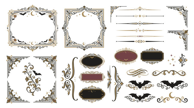 Elegant vintage gothic frames and dividers collection featuring ornate vector borders, moon motifs, and spooky bat designs for invitations and design projects