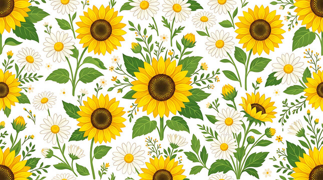 Sunflowers and daisies bloom vibrantly in a cheerful summer floral pattern