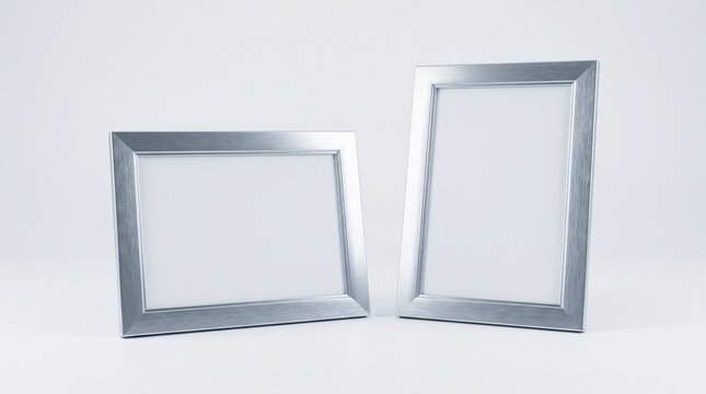 Metallic silver photo frames on white background, pair of brushed aluminum picture frames with blank copy space, modern minimalist metal frame set for gallery art display and home decor mockups.